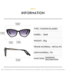 Detailed size chart for retro cat-eye sunglasses with metal frame and dimensions