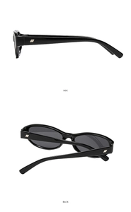 Side and back view of oval sunglasses with black frames and silver temple accents