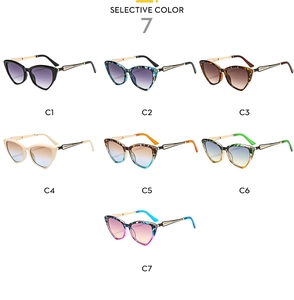 Detailed grid showing seven cat-eye sunglasses in various colors and patterns