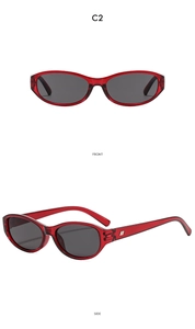 Front and side views of red retro oval sunglasses with high-quality metal hinge detail