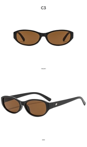Front and side view of oval cat eye sunglasses with black frames and brown lenses