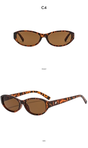 Detailed front and side views of oval leopard print sunglasses with silver temple accents