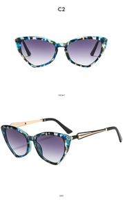 Detailed front and side views of cat-eye sunglasses with tortoiseshell frames and purple lenses