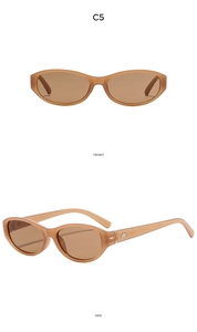 Front and side views of vintage oval cat-eye sunglasses in transparent amber finish
