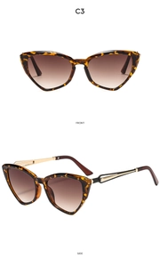Front and side view of cat-eye tortoiseshell sunglasses with gold metal temples