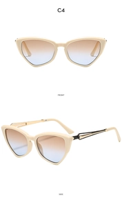 Front and side view of cat eye sunglasses with beige frames and gradient lenses