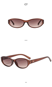 Front and side views of vintage oval sunglasses with amber frames and gradient lenses