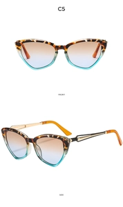 Cat-eye sunglasses with tortoise shell frame and gold temples shown in front and side views