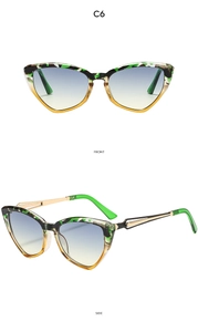 Front and side view of cat eye sunglasses with camouflage frame and gradient lenses