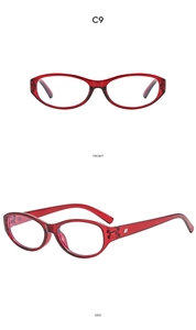 Front and side view of oval dark red translucent cat eye sunglasses with metal accents