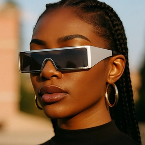 Nahaufnahme der futuristischen silbernen rechteckigen Sonnenbrille mit dunklen Gläsern