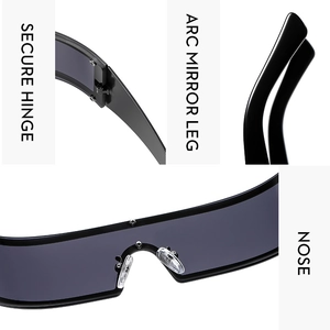 Detailansicht der Scharniere, gebogenen Bügel und Nasenpads der futuristischen Sonnenbrille