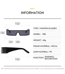 Detaillierte Größentabelle und technische Daten für futuristische Wrap-Around-Sonnenbrillen
