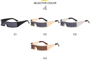 Vier futuristische Wickelsonnenbrillen in Schwarz, Gold und Silber mit Metall-Finish