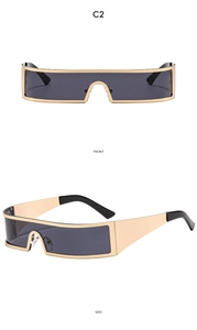 Vorder- und Seitenansicht der futuristischen Schild-Sonnenbrille in Gold und Grau