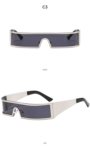 Front- und Seitenansicht der futuristischen silbernen rechteckigen Sonnenbrille Modell C3