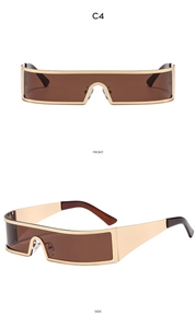 Vorder- und Seitenansicht der futuristischen Visier-Sonnenbrille mit goldenem Rahmen und braun