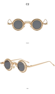 Occhiali da sole steampunk tondi in metallo dorato con vista frontale e laterale