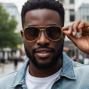 Classic aviator sunglasses with gold metal double bridge frame and gradient brown lenses