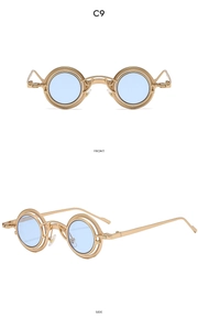 Occhiali da sole tondi steampunk in metallo con montatura tripla e lenti blu in due angolazioni