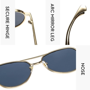 Detail view of gold metal sunglasses featuring secure hinges and comfortable nose pads