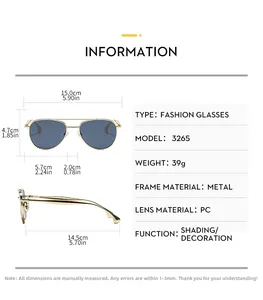 Detailed size chart for pilot sunglasses featuring frame dimensions and blue lens specs