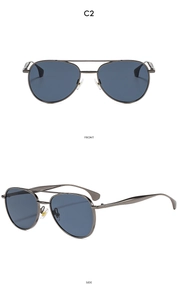 Front and side views of gunmetal aviator sunglasses with dual bridge and blue lenses