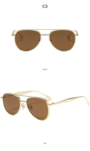 Detailed front and side views of C3 aviator sunglasses with gold frames and brown lenses