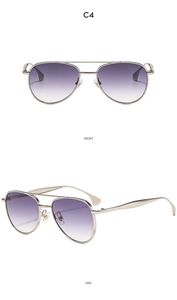 Front and side views of silver metal double bridge aviator sunglasses with purple lenses