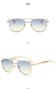 Front and side views of gold double-bridge aviator sunglasses with gradient blue lenses