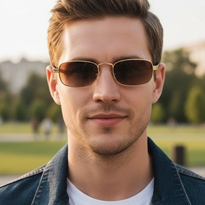 Men's retro square gold metal frame sunglasses with gradient brown lenses for outdoor