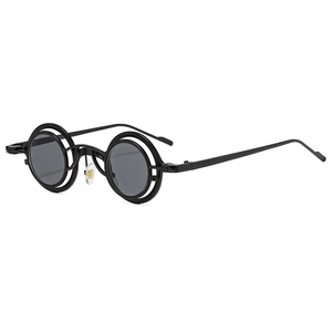 Occhiali da sole vintage steampunk con montatura rotonda in metallo nero e doppio anello