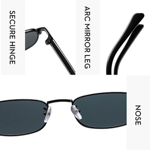 Detail of secure metal hinges and arc anti-slip legs on black square sunglasses