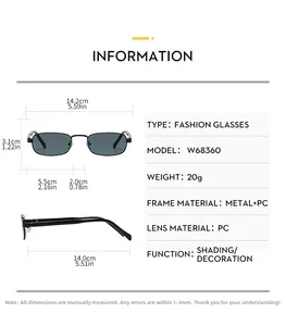 Detailed size chart showing dimensions for square frame metal vintage sunglasses