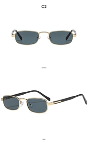 Detailed front and side views of vintage rectangular sunglasses with golden metal frames