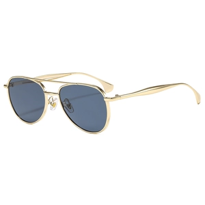 Fashion aviator sunglasses with gold metal double bridge frame and blue lenses