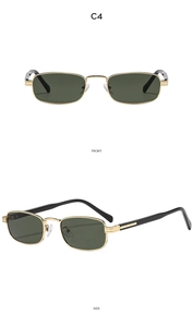 Detailed front and side views of vintage rectangular metal sunglasses in gold and green