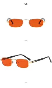 Front and side views of vintage square metal sunglasses with orange lenses and gold frame