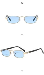 Detailed side and front view of vintage rectangular gold metal sunglasses with blue lenses