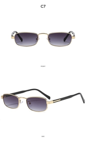 Front and side detail of vintage square metal sunglasses with purple gradient lenses