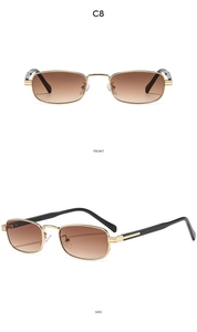 Front and side view of gold metal rectangular sunglasses with brown gradient lenses