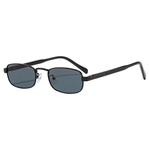Modern square black metal frame sunglasses with dark grey lenses and anti-slip tips