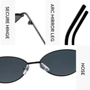 Detail of secure hinge, arc mirror leg and non-slip nose pads on metal oval sunglasses