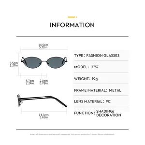 Detailed size chart and technical specifications for retro oval metal frame sunglasses