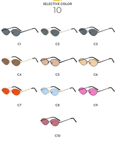 Detailed catalog showing ten color options for vintage oval metal frame sunglasses