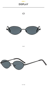 Front and side view of retro oval metal sunglasses with black frames and dark grey lenses