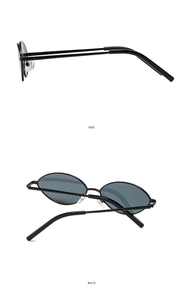 Detail view showing side and back of vintage oval sunglasses with thin black metal frames