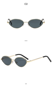 Front and side views of vintage oval metal sunglasses with gold frames and dark lenses