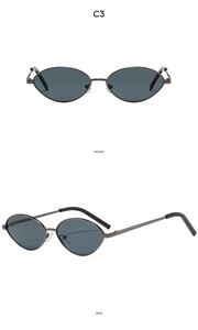 Front and side view of vintage oval metal sunglasses with adjustable nose pads