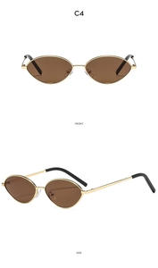 Front and side view of oval metal sunglasses with gold frames and brown lenses